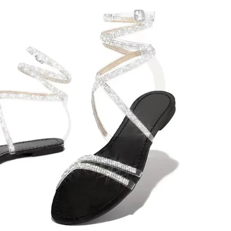 AMOZAE- -  Summer Chic Shiny Diamond Flat Sandals with Cross Strap