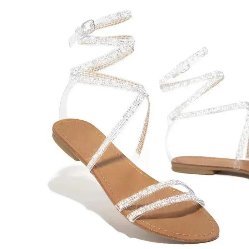 AMOZAE- -  Summer Chic Shiny Diamond Flat Sandals with Cross Strap