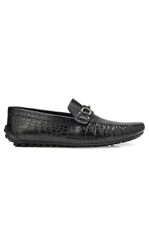 Black Croco Textured Moccasins