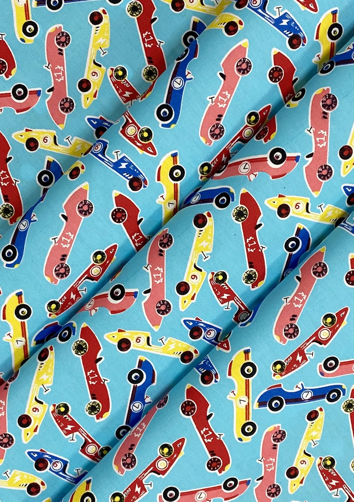Cars Cotton Printed Fabric 45" Wide Sports Racing Cars 100% Craft Poplin Dressing Material D#203 - Sky Blue