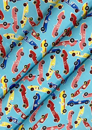 Cars Cotton Printed Fabric 45" Wide Sports Racing Cars 100% Craft Poplin Dressing Material D#203 - Sky Blue