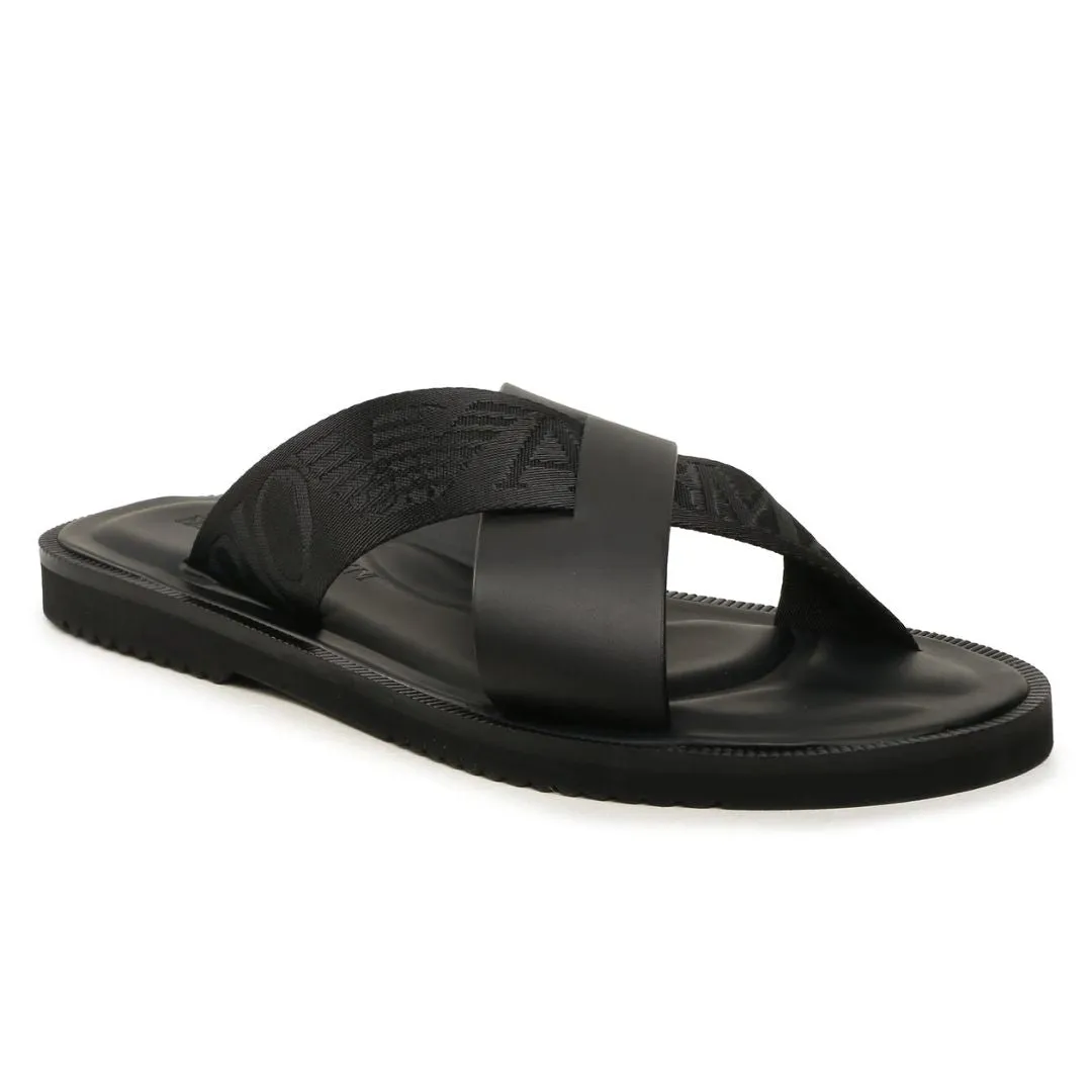 EMPORIO ARMANI LEATHER CROSS-OVER SANDALS WITH LOGO TAPE X4P124-BLK
