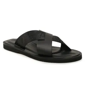 EMPORIO ARMANI LEATHER CROSS-OVER SANDALS WITH LOGO TAPE X4P124-BLK