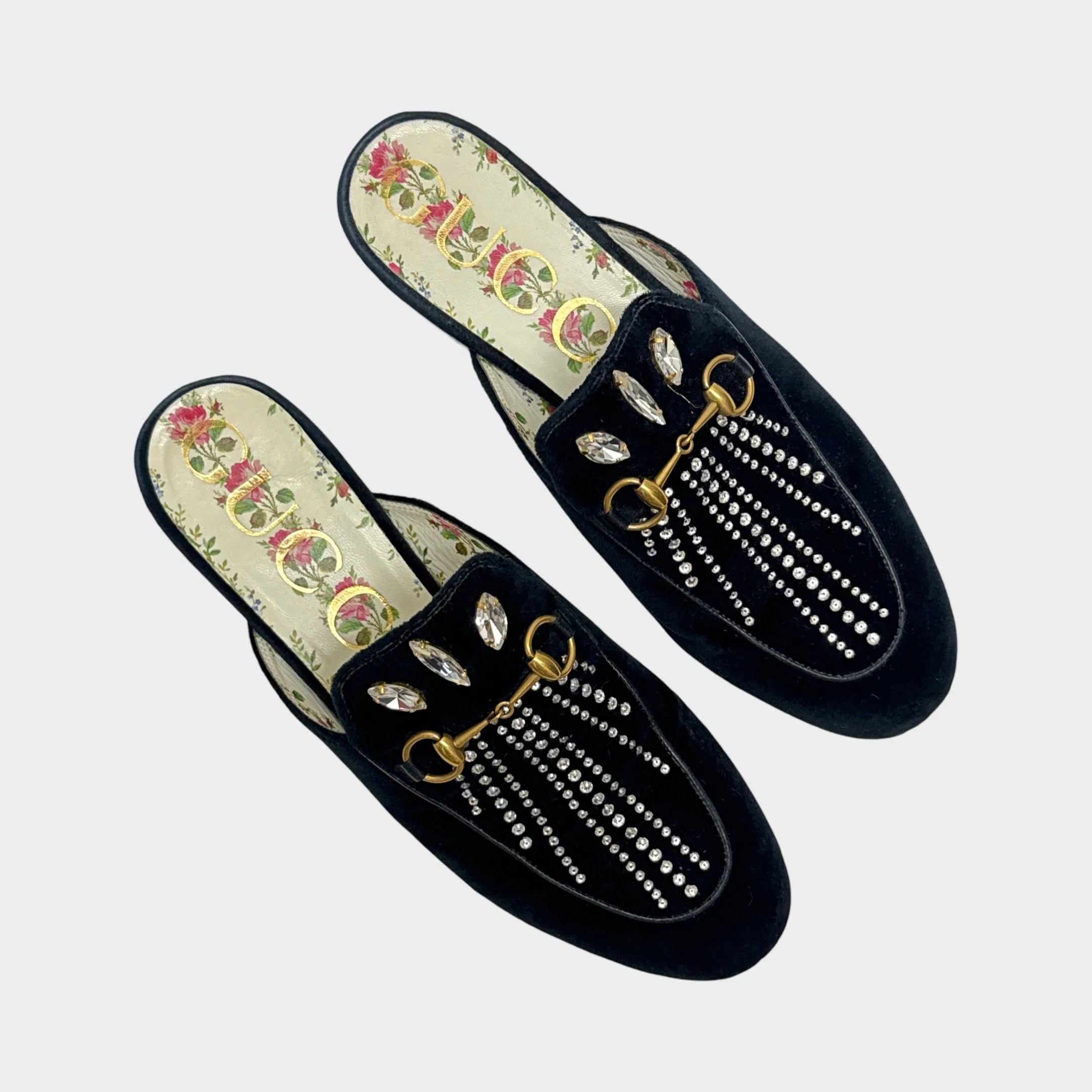 Gucci Women's Black Velvet Princetown Horsebit Crystal Embellished Mules