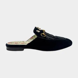 Gucci Women's Black Velvet Princetown Horsebit Crystal Embellished Mules