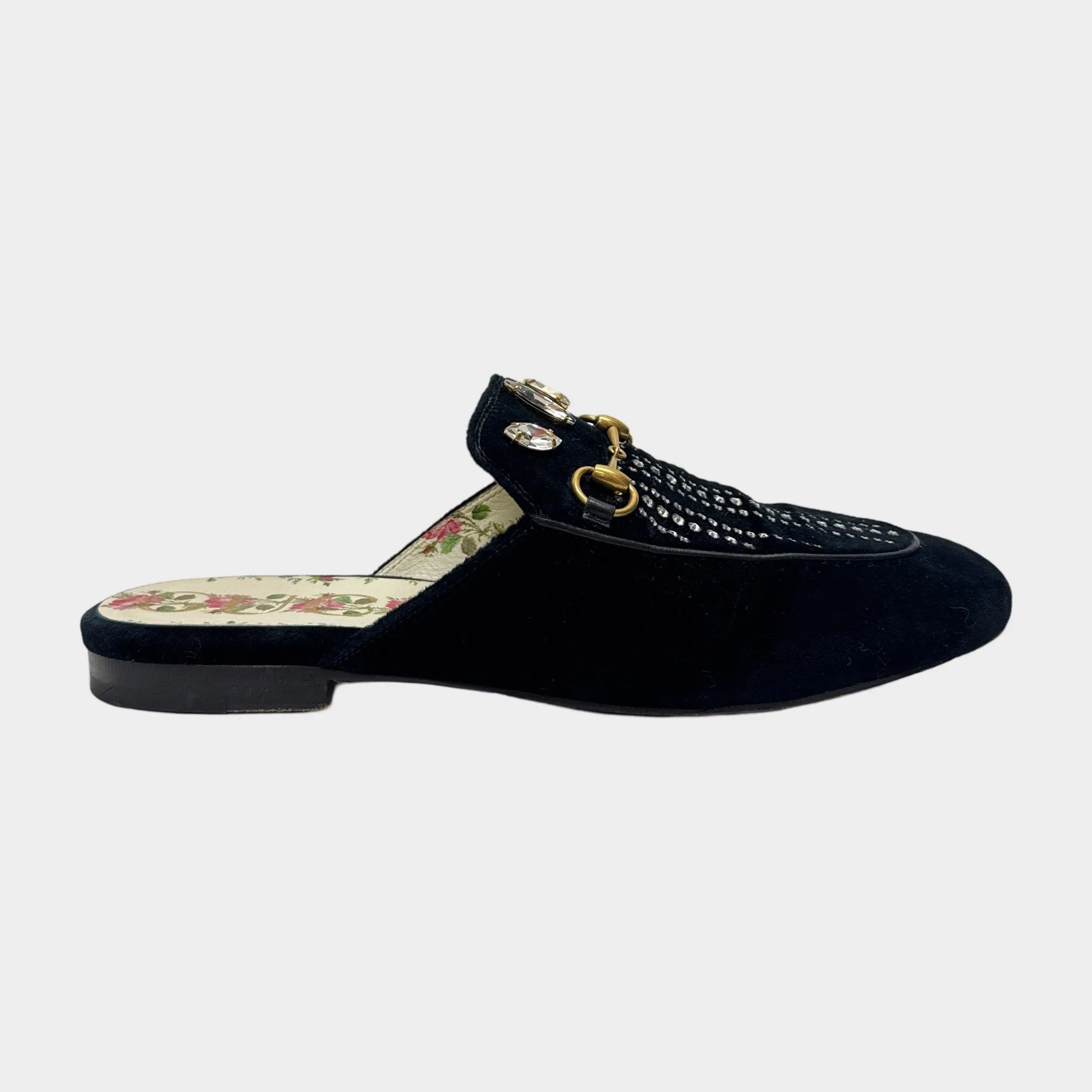 Gucci Women's Black Velvet Princetown Horsebit Crystal Embellished Mules