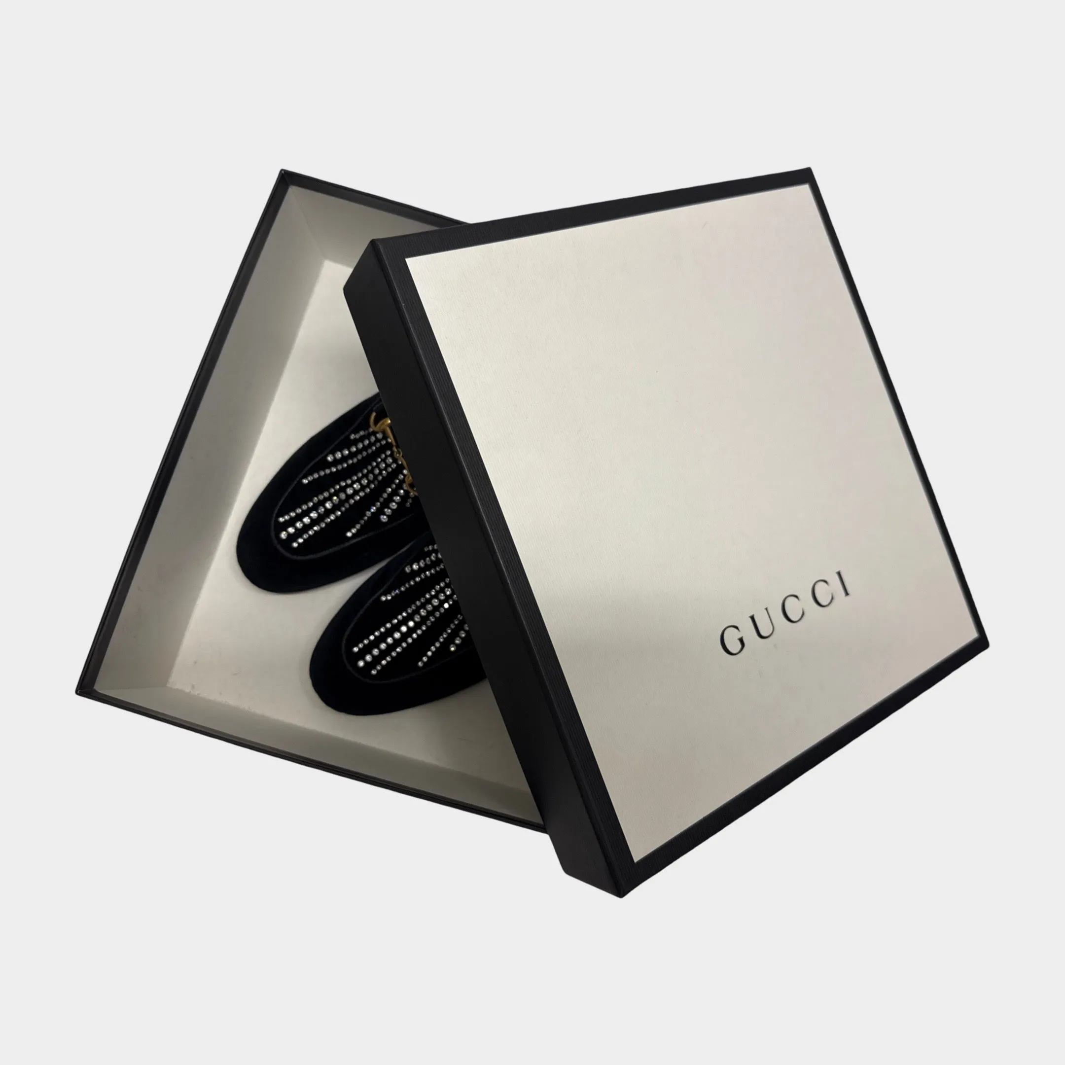 Gucci Women's Black Velvet Princetown Horsebit Crystal Embellished Mules