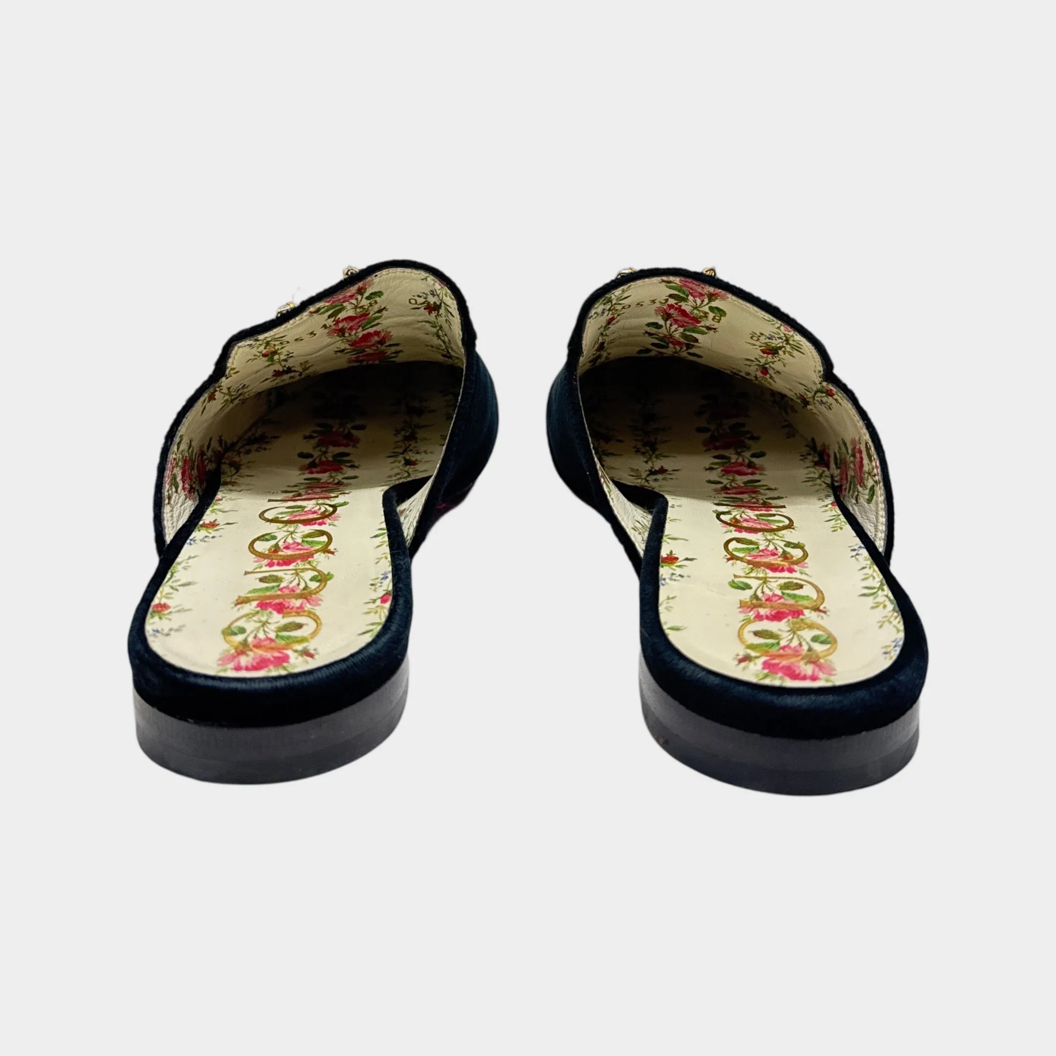 Gucci Women's Black Velvet Princetown Horsebit Crystal Embellished Mules