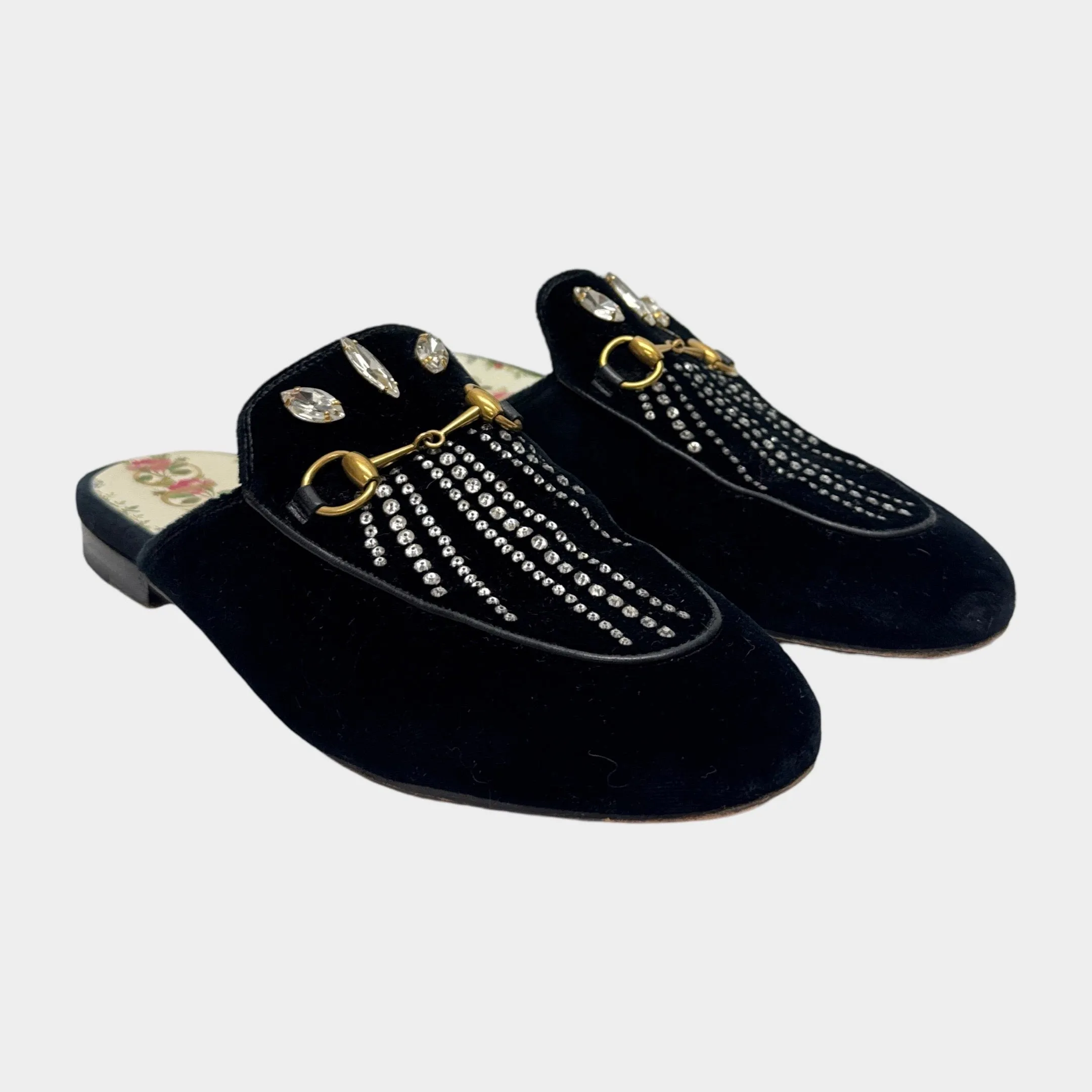 Gucci Women's Black Velvet Princetown Horsebit Crystal Embellished Mules