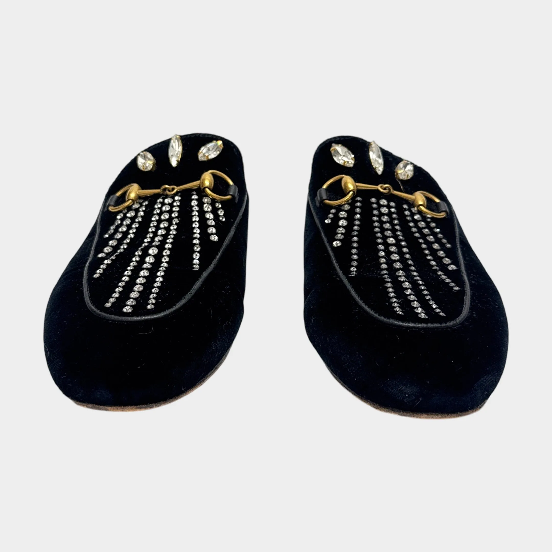 Gucci Women's Black Velvet Princetown Horsebit Crystal Embellished Mules