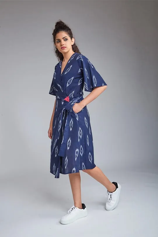 Layla Handloom Ikat Wrap Dress - Navy