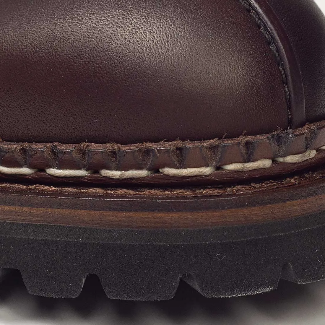 Meleze split-toe shoe in dark brown leather, Vibram lug sole