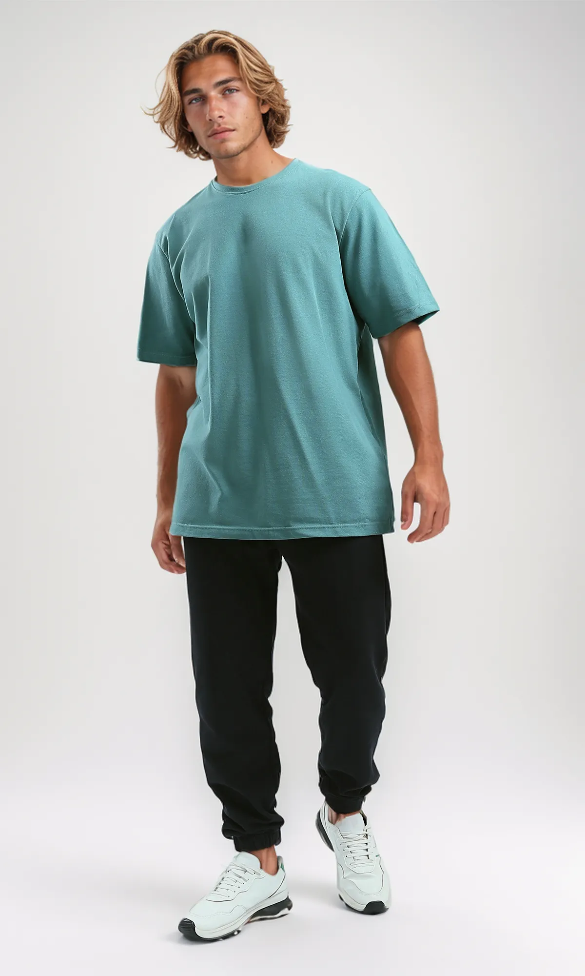 O189613 Dark Mintgreen Relaxed Fit Solid Basic Tee