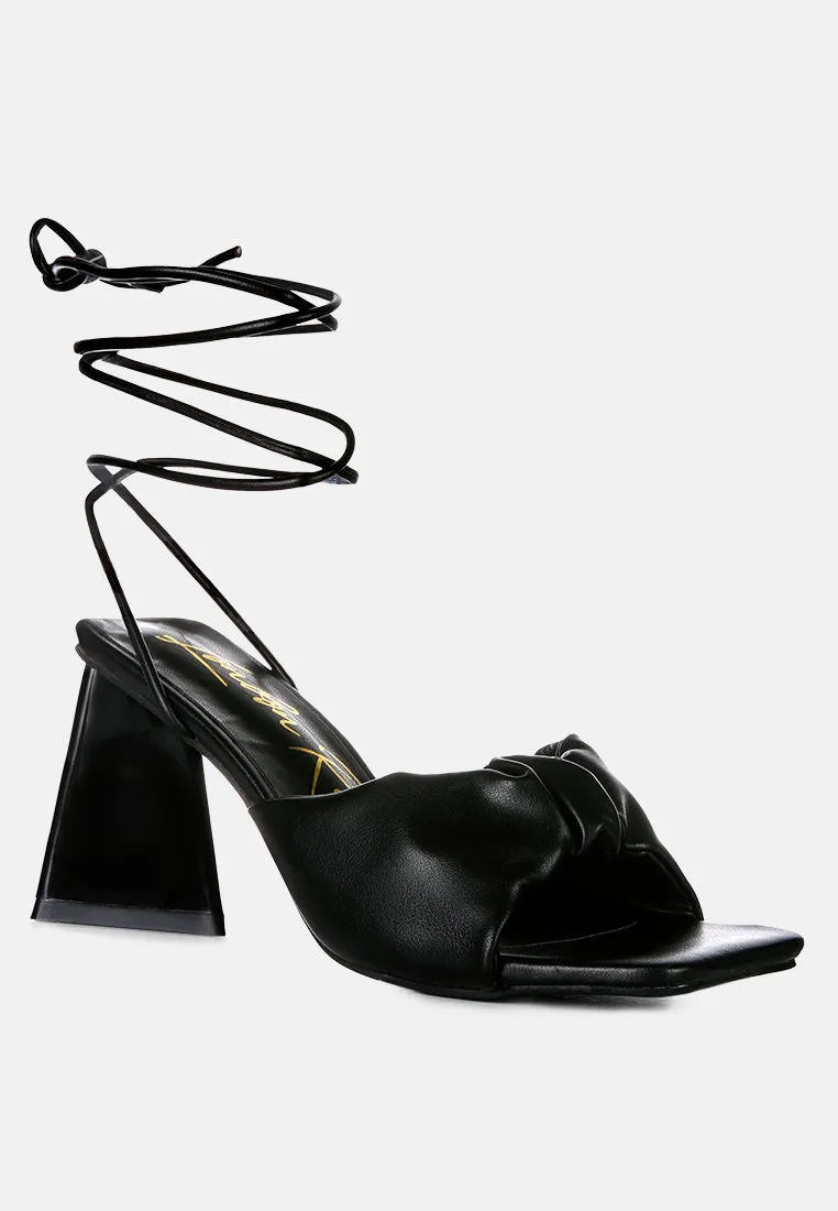 primavera ruched strap triangular heel lace up sandal
